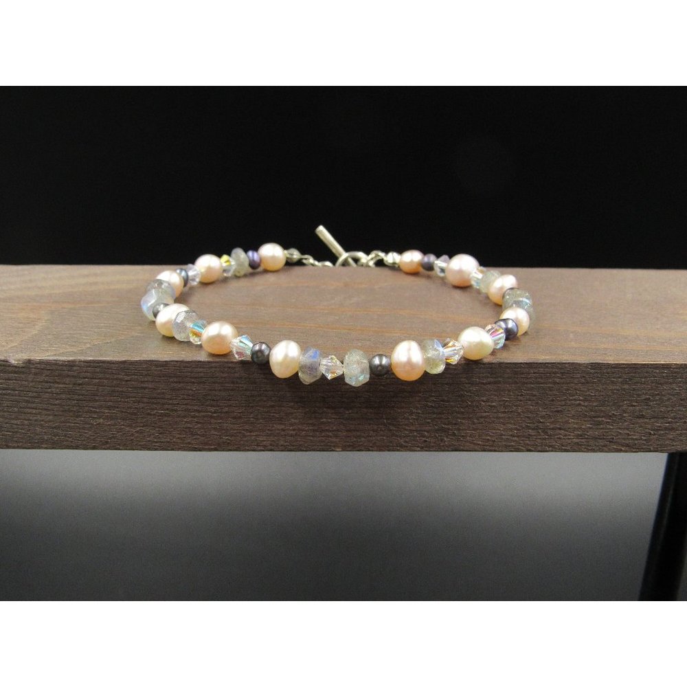 7" Sterling Silver Labradorite And Pearl Bracelet Vintage Elegant Beautiful